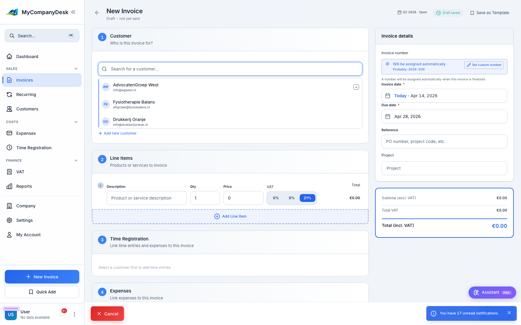 Invoice creation interface showing professional invoice template