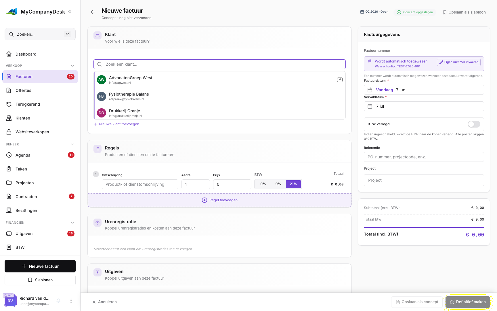 Interface voor factuurcreatie met professioneel factuursjabloon